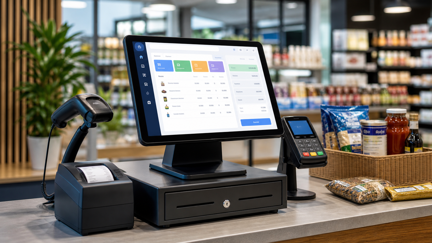 Smart POS retail billing counter with touchscreen, scanner, receipt printer, and payment terminal
